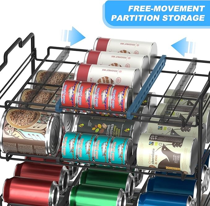 4 Tiers Stackable Can Rack Organizer, Wear-resistant Upgrade Beverage Food Can Dispenser Holder Holds up to 48 Cans for Kitchen Cabinet and Pantry (Black)