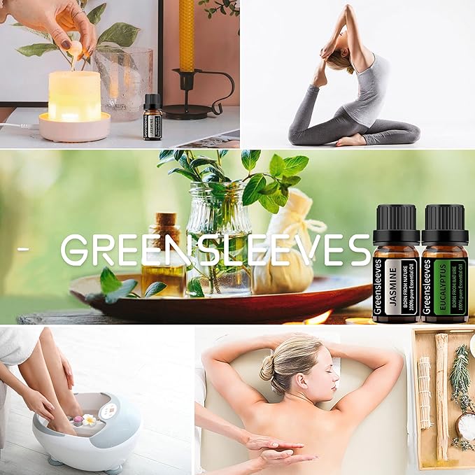 GREENSLEEVES Jasmine Eucalyptus Essential Oil Set, 2 x 10ml Pure Plant-Based Fragrance Oil for Aromatherapy, Essential Oils for Diffuser, Massage, Bath Bomb, Scented Candle Soap Making