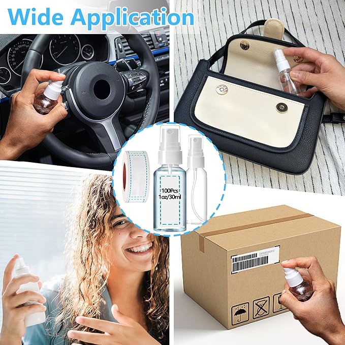 100PCS 1oz/30ml Small Mini Spray Bottles with 150pcs Labels, Clear Travel Spray Bottles Refillable Fine Mist Plastic Empty Bottle, Refillable Cosmetic Containers for Plants,Cleaning, Misting&Skin Care