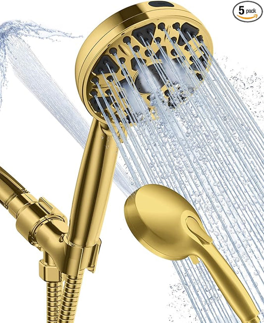 High Pressure Shower head with Handheld 7 Modes, Built-in Power Wash to Clear Tub. Tile & Pets, 5” High Flow Hand Held Hydro Rain Showerhead with Stainless Steel Hose and Adjustable Bracket-Brush Gold