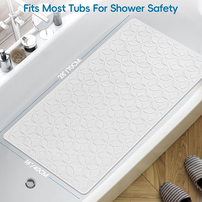 WRISIN Bathtub Mat Non Slip with Suction Cups - 100% Rubber Bathroom Mat Textured for Bath Tub Shower Safety - Soft on Touch - BPA/PVC Free - Pet Dog Bath Mat - Machine Washable - 16 × 28 Inch（White）