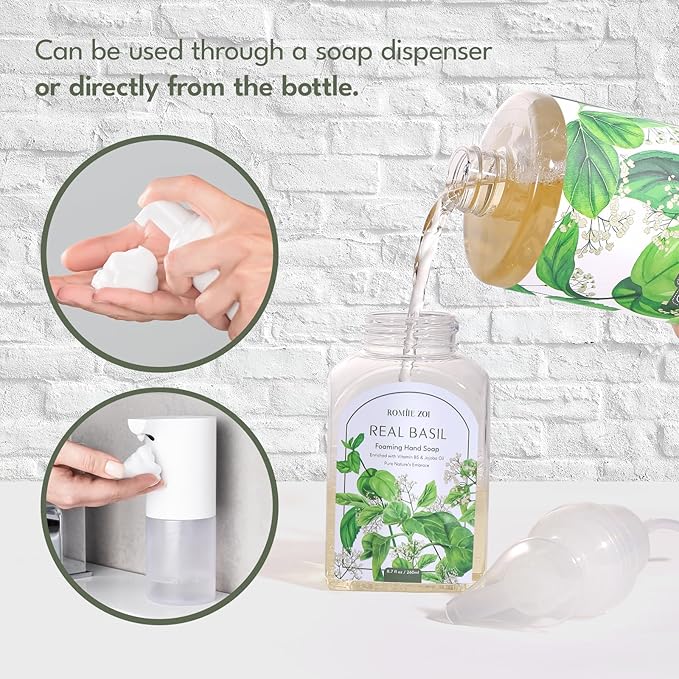 ROMIIE ZOI Basil Foaming Hand Soap Refill Gift Set – 3 Pack (33.8 Fl Oz Each) with Refillable Dispenser – Gentle, Moisturizing, Plant-Based Formula – Bulk Refill Bottles for Bathroom & Kitchen Use