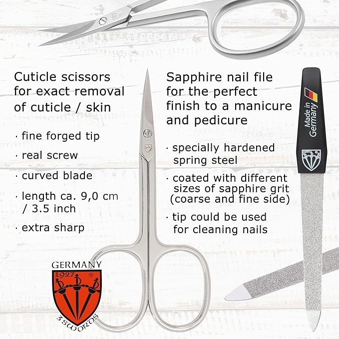 3 Swords Germany - Brand Quality 6 Piece Manicure Pedicure Grooming kit Set - Scissors, Metal and Glass Nail File, Clipper, Tweezers with Synthetic Leather case - Brown II