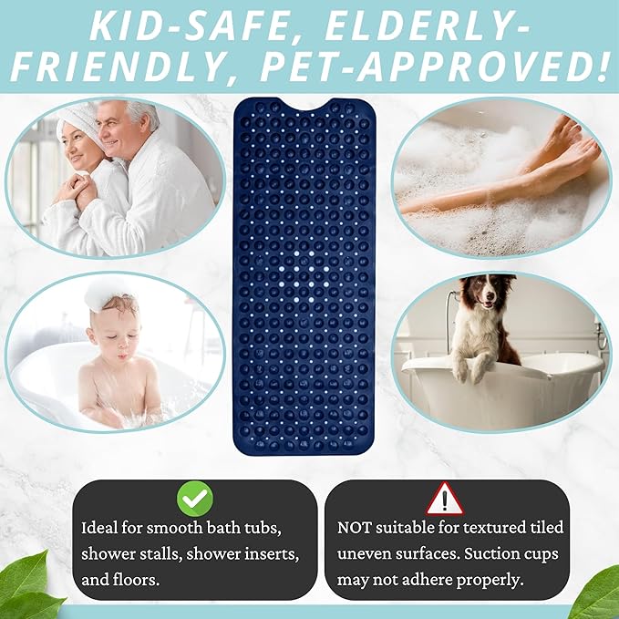 ENKOSI Bath Mat - Large Non Slip Bathtub & Shower Mat - Extra Long 40 x 16 Inch Bathroom Mats for Tub Nonslip Anti Slip Bathmats (40x16 Navy 1-Pack)