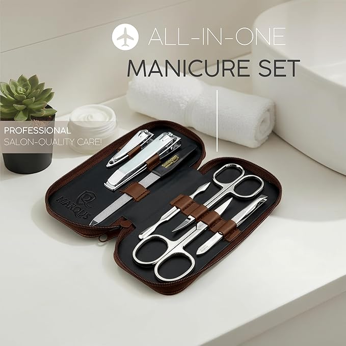 Manicure Set Solingen Made in Germany - 7 Piece Exclusive Finger & Toe Nail Clippers Kit for Women and Men in Real Leather Case, Color Brown