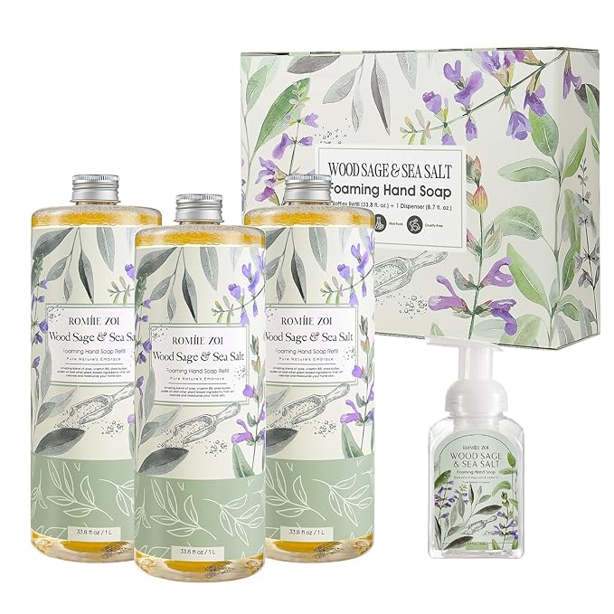 ROMIIE ZOI Foaming Hand Soap Refill Gift Set – Wood Sage & Sea Salt Scent – 3 Pack (1000ML Each) with Dispenser, Gentle & Moisturizing Plant-Based Formula – Bulk Refill Bottles for Bathroom & Kitchen