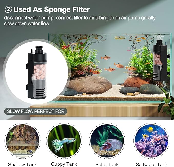 hygger Quiet Fish Tank Filter with Bio Balls Sponge Air Hose, Aquarium in-Tank Filter for 10-40 Gallon 7W 100 GPH