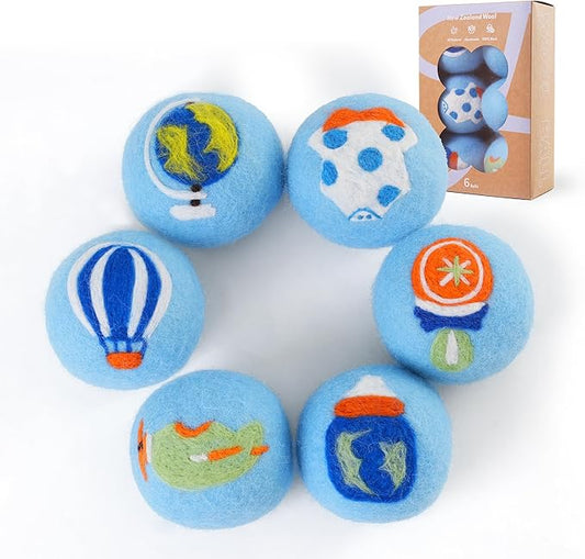 Wool Dryer Balls XL Size 6 Pack - Fun Dryer Balls with Ocean Pattern Cute Dryer Balls Laundry Reusable Anti Static Handmade New Zealand Wool Balls (Travel Pattern)