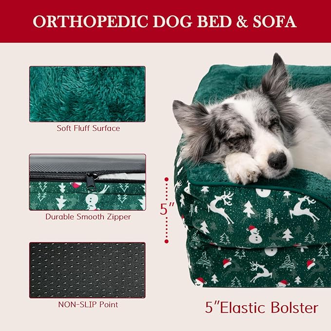 Comfort Expression Orthopedic Dog Bed for Extra Large Dogs 42x30 Inch, Waterproof Egg Crate Foam XL Pet Bed with Removable Bolsters, Dog Couch with Washable Cover & Non-Slip Bottom, Christmas Green
