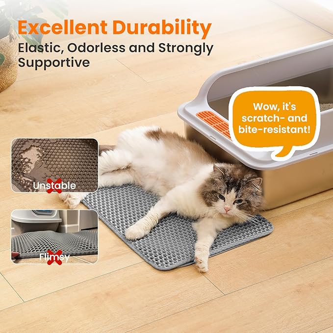 Small Cat Litter Mat, 20x14’’ Double Layer Honeycomb Cat Litter Box Mat, Non Slip Waterproof Urine Proof Litter Trapping Mat for Floor, Kitty Litter Pad, Indoor Pet Supplies, Gray
