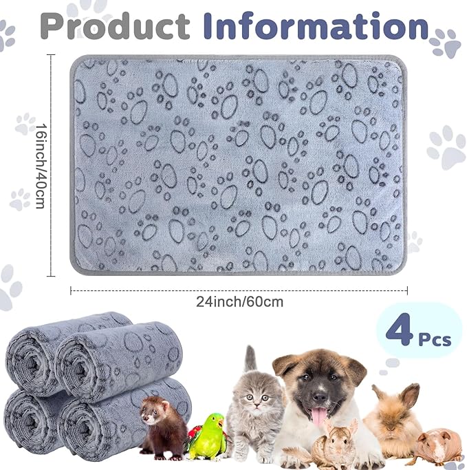 Reginary 4 Pcs Waterproof Guinea Pig Blankets Washable Small Animal Fleece Bedding Absorbent Guinea Pig Cage Liners Reusable Pet Pee Pad Sleep Mat for Hamster Ferret(Adorable Paw,24 x 16 Inch)