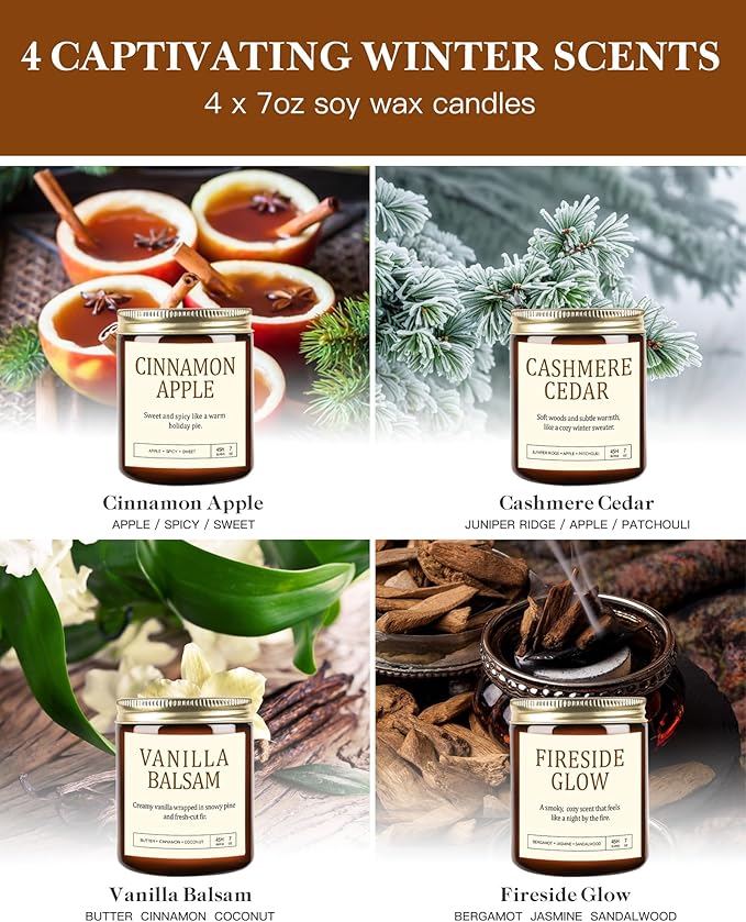 Christmas Candles Gift Set for Women - 4 Pack Scented Soy Candles with Cashmere Cedar, Fireside Glow, Cinnamon Apple & Vanilla Balsam, Long Lasting Holiday Winter Gifts for Home