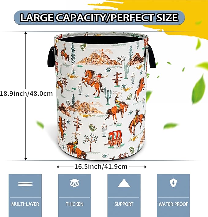 Western Cowboy Laundry Basket Horse Riding Foldable Waterproof Oxford Cloth Funny Tote Bag Laundry Hamper Clothes Storage Bucket Toy Organizer For Bathroom/Laundry Storage/Bedroom 18.9x16.5 Inch