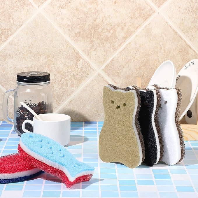 8 Pieces Kitchen Scrub Sponges Cat Fish Cleaning Sponge Dishwashing Scrubber Non-Scratch Multi-Use Sponges for Dishes Pots Pans Sinks