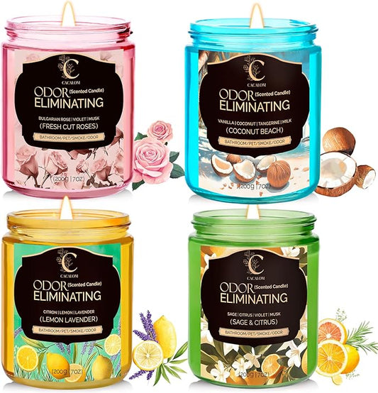 4 Pack Odor Eliminating Candles Set for Pet Smoke, Scented Candles for Home Decor Non Toxic Soy Wax Candle for Relaxing Stress Relief Women Men, 40 Hours Burning Time, House Warming Gifts for Host