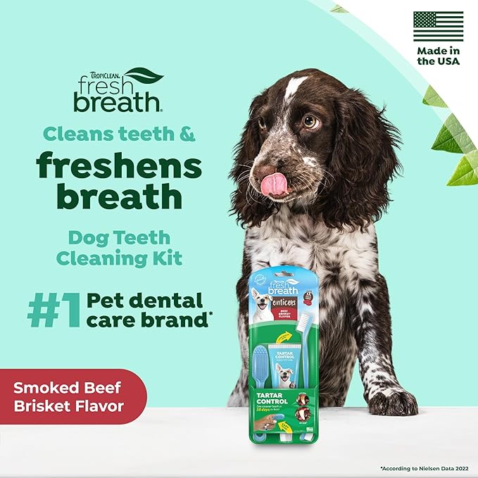 TropiClean Fresh Breath Oral Care Kit - Soft Bristle Finger Toothbrush - Dog Tooth Brushing Kit - Beef Brisket Flavor Dog Toothpaste