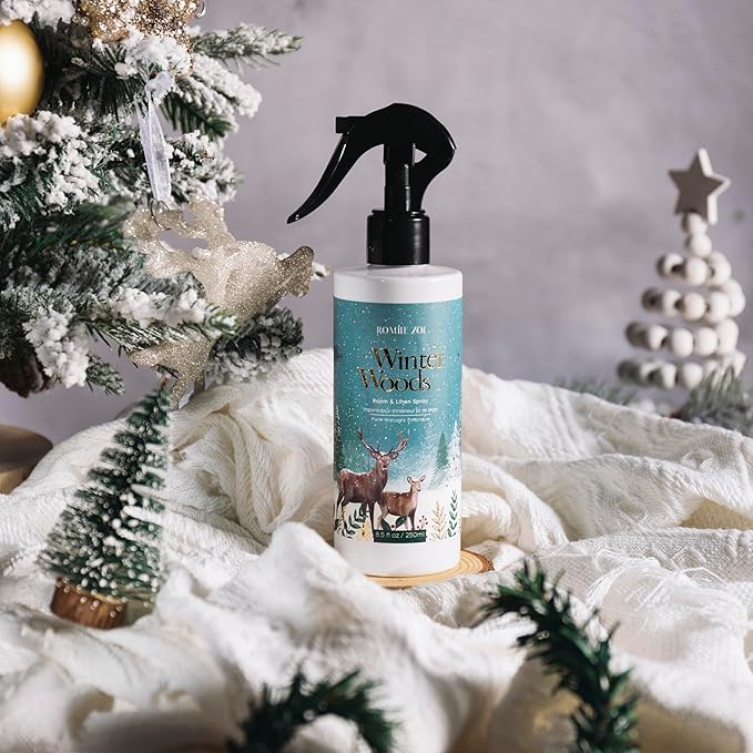 Romiie Zoi Christmas Linen & Room Air Freshener Spray Room Mist- Winter Woods Forest Green - Infused with Winter Woods Aroma- 250ml / 8.5 FL OZ.