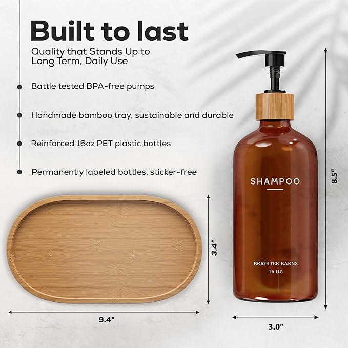 Amber Shampoo and Conditioner Dispenser Set by Brighter Barns - Refillable Plastic Shower Dispenser for Bathroom - Body Wash and Shampoo Bottles with Tray - Boho Decor for Airbnb, Hotel, Gift (Amber)