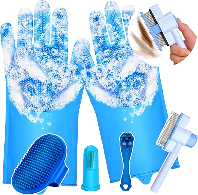 nooepc 6PCS Dog Washing Gloves Pet Grooming Gloves Dog Bath Supplies Dog Bath Brush Silicone Gloves for Dogs and Cats Bathing Dog Comb Dog Toothbrush