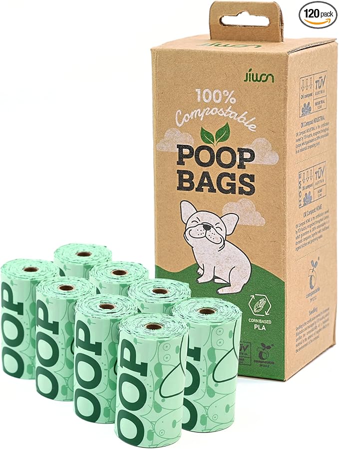 JIWON 100% Certified Home Compostable Dog Poop Bags, 120 Count (8 Rolls), 9"x13", OK Compost & Seedling, Thick & Leakproof, Plant Based Compostable Waste Bags, Unscented