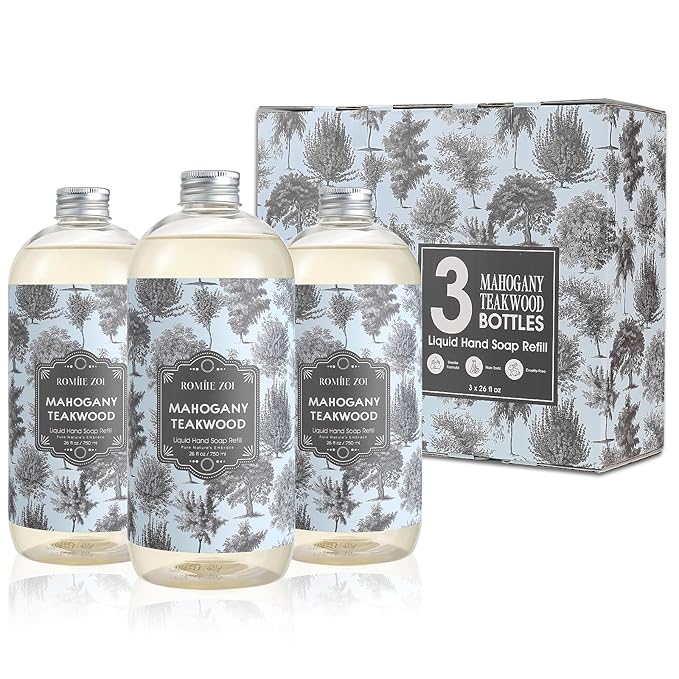 ROMIIE ZOI Liquid Hand Soap Refill Gift Set – 3 Pack (26 Fl Oz Each), Teakwood Scent, Natural Formula with Essential Oils – Gentle, Biodegradable & Cruelty-Free for Sensitive Skin, Kitchen & Bathroom