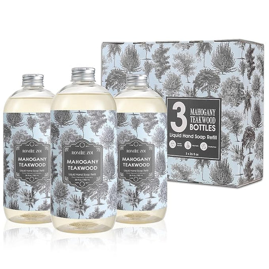 ROMIIE ZOI Liquid Hand Soap Refill Gift Set – 3 Pack (26 Fl Oz Each), Teakwood Scent, Natural Formula with Essential Oils – Gentle, Biodegradable & Cruelty-Free for Sensitive Skin, Kitchen & Bathroom