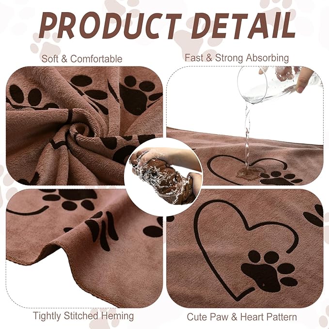 4 Pcs Dog Bath Towels Microfiber Drying Dog Towel Absorbent Pet Heart Paw Towels for Medium Dogs Puppy Cats Pets Shower(Gray, Brown, Blue, Wind Red)