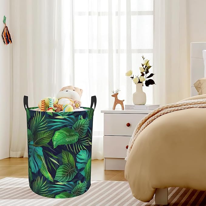 Exotic Tropical Leaves Plants Laundry Basket,Waterproof Foldable Laundry Hamper,Dirty Clothes Laundry Basket, Linen Bin Storage Organizer for Toy Collection 16" x 20"