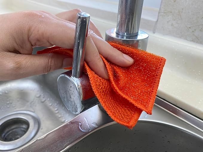 16 Pack Microfiber Scrub Dish Cleaning Cloth, Non-Scratch, Reusable & Durable for Pan Pot Dish Cooktop Stovetop Counter Kitchen Household, Machine Washable, 6 x 6 Inch, Orange & Blue Assorted