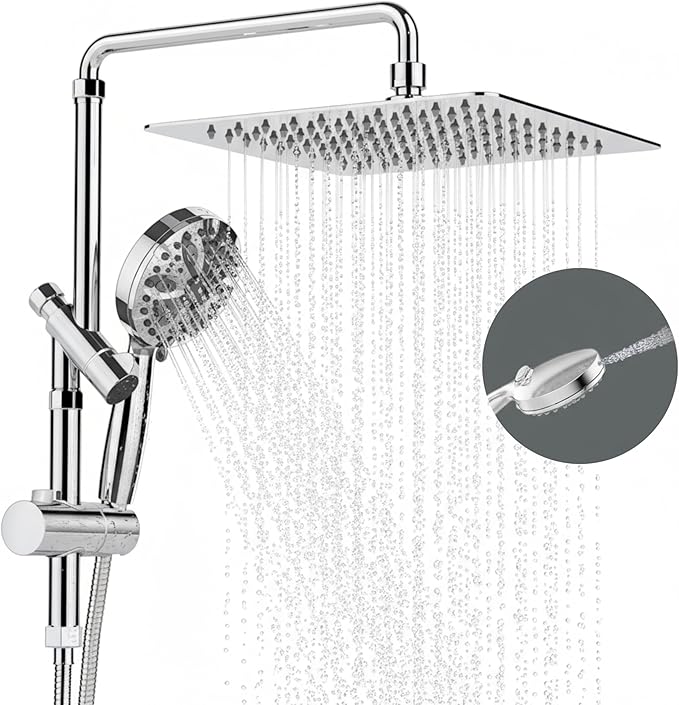 12 Inch Rain Shower Head with 8-Setting Handheld Spray Combo, Metal Height Adjustable Shower Arm, Slide Bar with Holder, Stainless Steel Hose, Chrome