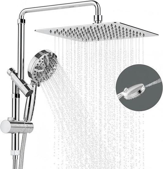 12 Inch Rain Shower Head with 8-Setting Handheld Spray Combo, Metal Height Adjustable Shower Arm, Slide Bar with Holder, Stainless Steel Hose, Chrome