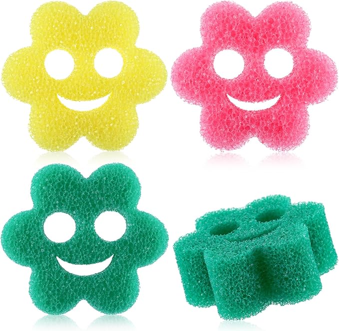 3 Pcs Dual Sided Scrub Sponge Multi Functional Cute Temperature Sensitive Non Scratch Dish Sponge for Washing Dishes Kitchen Bathroom(Smile Flower)