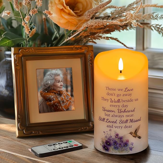 Hummingbird Flameless Memorial Candle, Real Wax LED Light with Remote for Loss of Loved One, Mother, Father - Remembrance Gift (4" x 7")