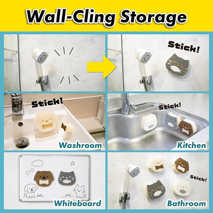 2-in-1 Dog Face Sponge for Kitchen & Bath - Detachable Fish, Wall-Cling Storage, Powered by 1.8 Mil Fiber - Multi-Functional Cleaning Gadget (2 Pack) (Dog - White & Brown)