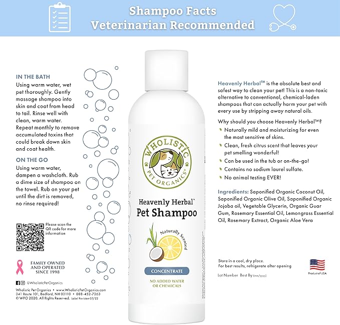 Wholistic Pet Organics Pet Shampoo Concentrate: Heavenly Herbal Organic Dog Shampoo and Conditioner - All Natural Puppy and Cat Shampoo for Dry, Itchy Skin, Allergies, Dandruff Shampoo - 2 oz
