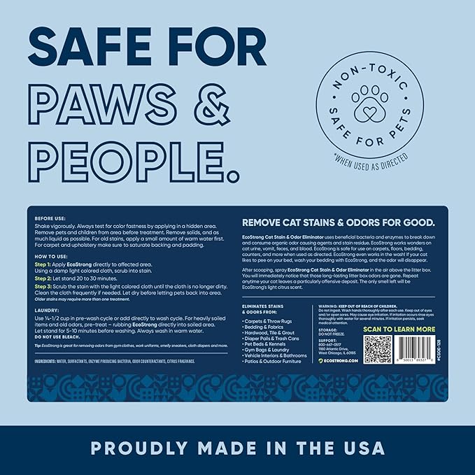 Eco Strong Cat Stain and Odor Remover| Enzyme Urine Odor Neutralizer - Stain Remover for Carpet, Litter Boxes, Bedding, and Laundry [160 Fl Oz Bundle]