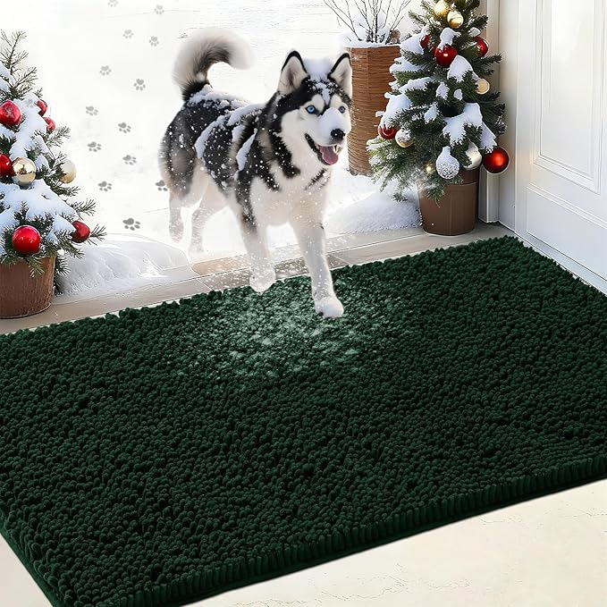 IM HOME Chenille Absorbent Outdoor Doormat 48" x 30", Washable Muddy Door Mats for Dog Non Slip Indoor Doormat Dog Mat for Muddy Paw Front Inside Doormats for Entryway Dark Green