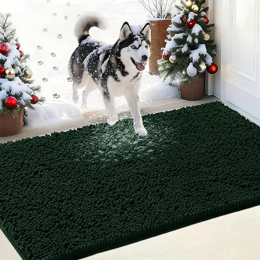 IM HOME Chenille Absorbent Outdoor Doormat 30" x 20", Washable Muddy Door Mats for Dog Non Slip Indoor Doormat Dog Mat for Muddy Paw Front Inside Doormats for Entryway Dark Green