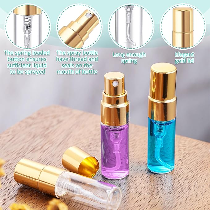 Zhehao 100 Pcs Mini Spray Bottles 3 ml Clear Glass Perfume Bottles Refillable Fine Mist Perfume Atomizer Portable Empty Sample Containers for Cleaning, Essential Oils, Travel (Gold Cap)