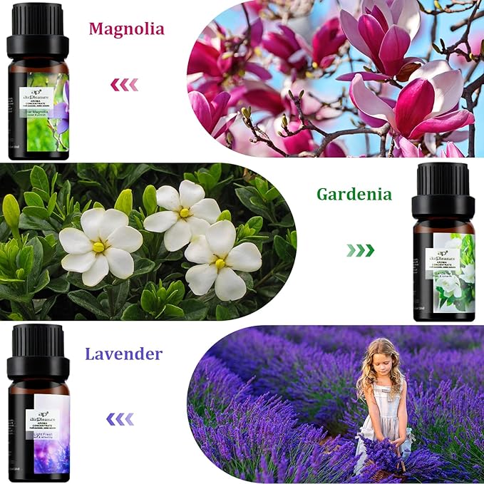 Flower Essential Oils Set, 6x10ml Aromatherapy Oil Gift Kit for Diffuser, Fragrance, Humidifier, Air Purifier- Gardenia, Magnolia, Shangri-La, Jasmine, White Tea, Lavender