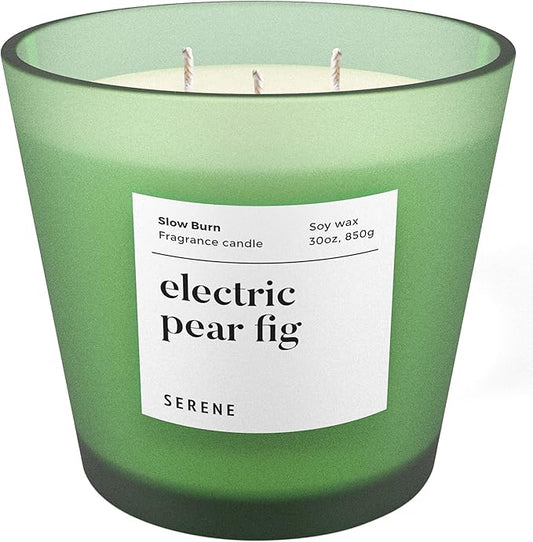 Hidden Label Large Scented Candle, Electric Pear Fig, 30oz 3 Wick Huge Candle, Serene Collection Slow Burn Natural Soy Candles for Home Scented