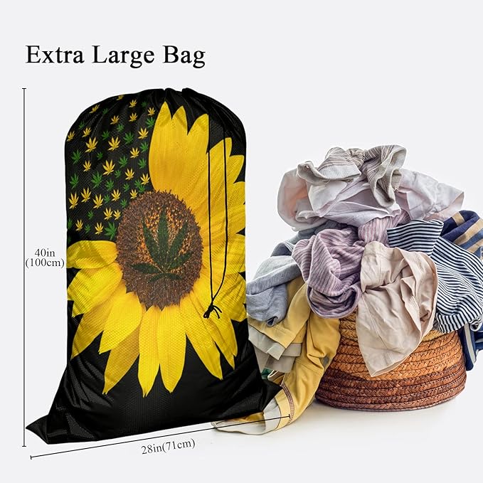 Swono Sunflower With Leaves Drawstring Portable Large Capacity Laundry Bags Summer Yellow Floral Blossom Travel Storage Bags for Apartments, Vacations, Home, 28x40 Inch