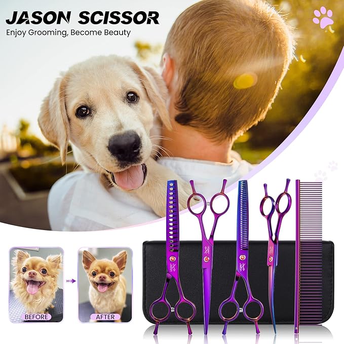 JASON Professional 6 in 1 Dog Scissors Kit - Straight, Thinning, Chunker, Curved Shears and Comb for Long Short Hair and Cat