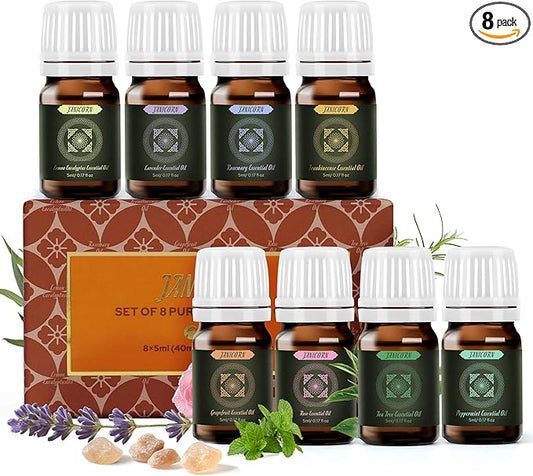 100% Pure & Undiluted Essential Oils Set – Premium Natural Aromatherapy Oils for Diffuser, Bath, DIY Skin Care & Relaxing Mood, 8×5ml Frankincense, Lavender, Rosemary & More, Holiday Gifting