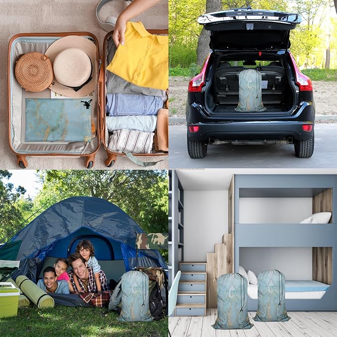 Swono Marble Stone Laundry Bag with Drawstring Closure, Foldable, Compact, Lightweight, 28" X 40" Blue Golden Liquid Lines Packable Dirty Clothes Pouch for College Dorm, Camp, Road Trip, Cruise or Gym