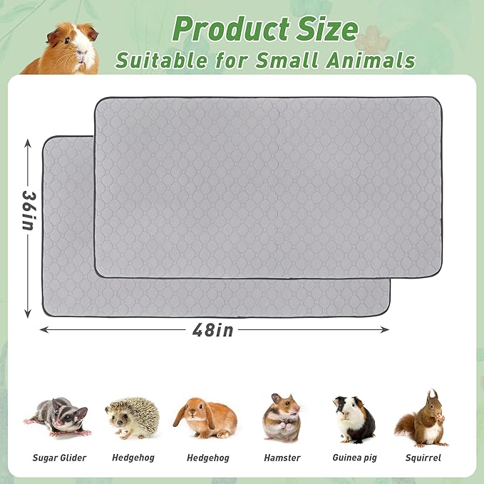 2 Pack Guinea Pig Cage Liners, 36'' X 48'' Washable Guinea Pig Pee Pads, Non Slip Reusable Super Absorbent Guinea Pig Training Mat Bedding Fleece for Small Animals Hamster Rabbit Chinchilla Rat