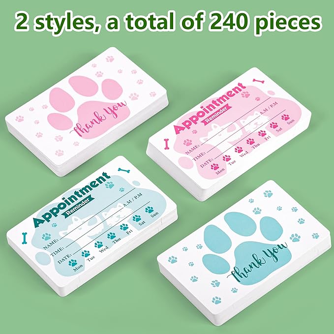 240Pcs Pet Grooming Appointment Reminder Cards Paw Prints Client Business Card for Vet Office Dog Spa Boarding Training Cats Care 3.54 x 2inch 2 Colors