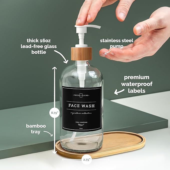 Vine Creations Glass Soap Dispenser Set - Kitchen Soap Dispenser Set with Tray - Bamboo Dish Soap and Hand Soap Dispensers Set for Bathroom - White Kitchen Decor with Waterproof Labels (Clear)