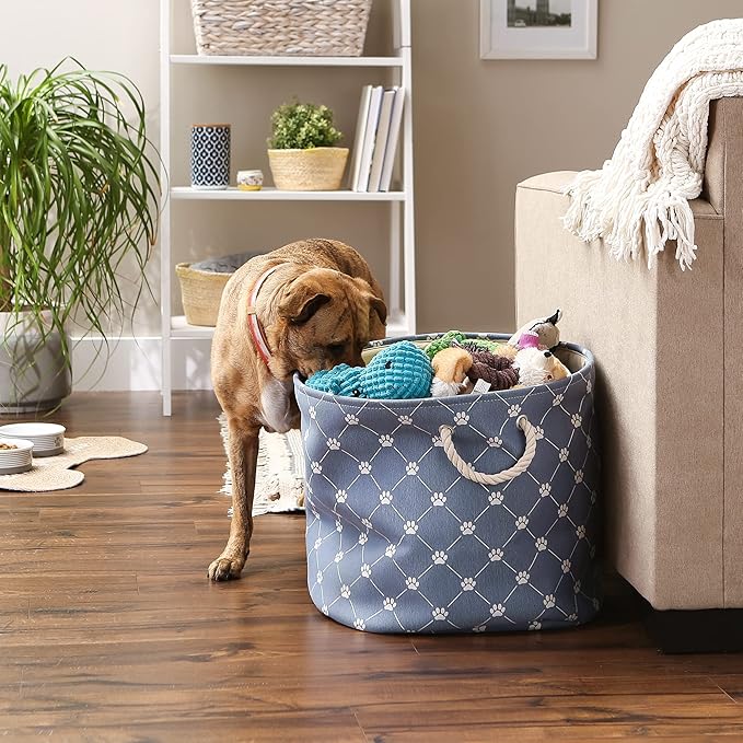 Bone Dry Pet Storage Paw and Bone, Trellis Collection, Large Round, 15x18x18, Stonewash Blue