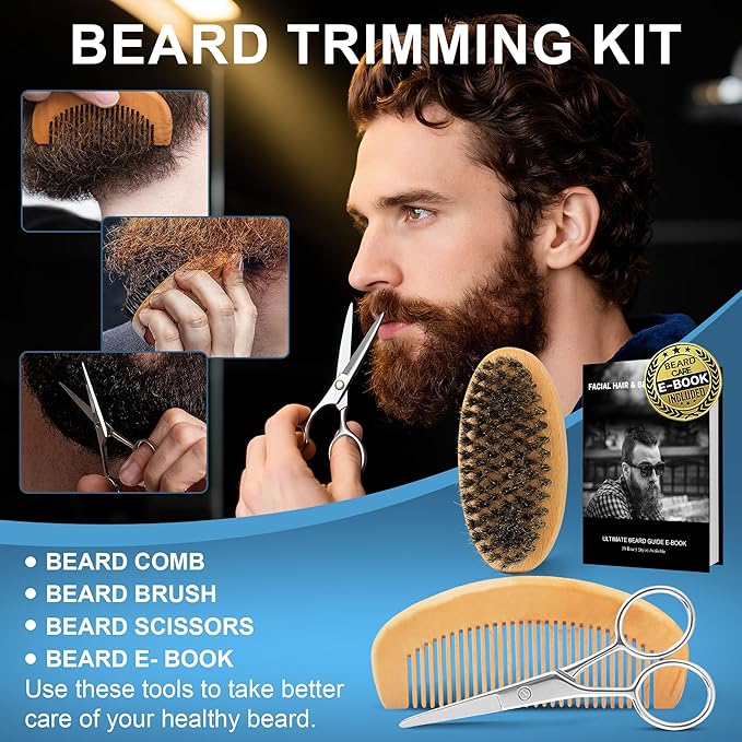 XIKEZAN Beard Care Shaving & Grooming Sets w/Beard Oil, Cologne Wash Shampoo, Conditioner, Balm, Wash, Scissors,Brush and Comb Set, Stocking Stuffers for Men Him Valentines Fathers Gifts for Dad